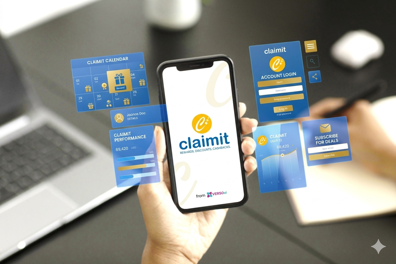 Hand holding a smartphone with floating app screens